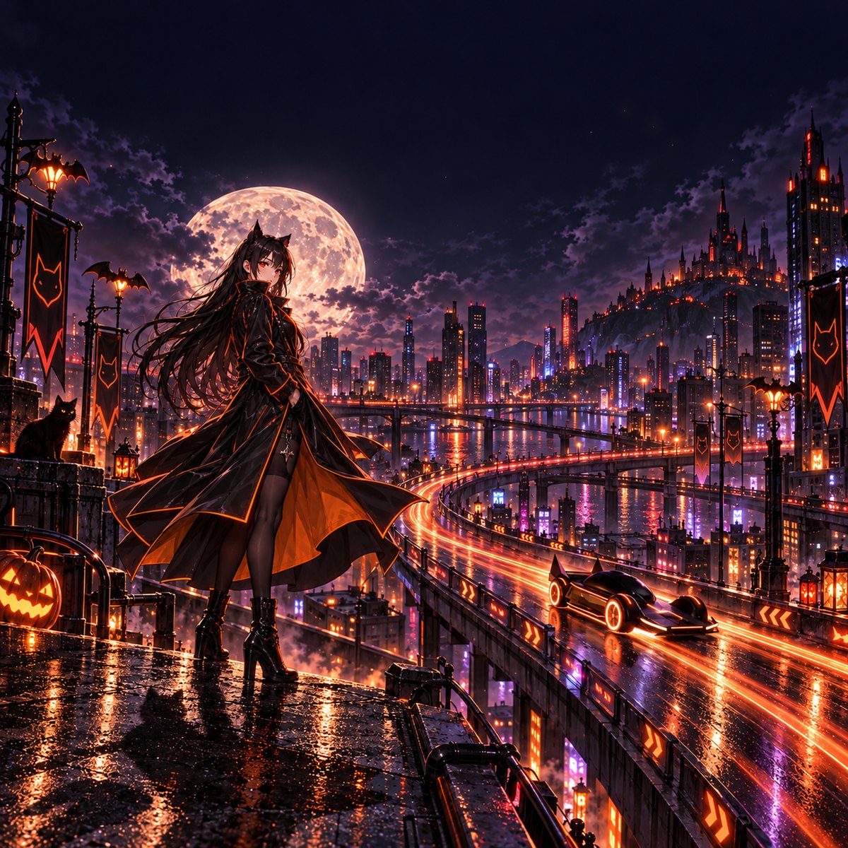 満月の夜、ビルの屋上に立つ黒髪で赤い目の女の子。眼下の高架を車が光の尾を引いて走る