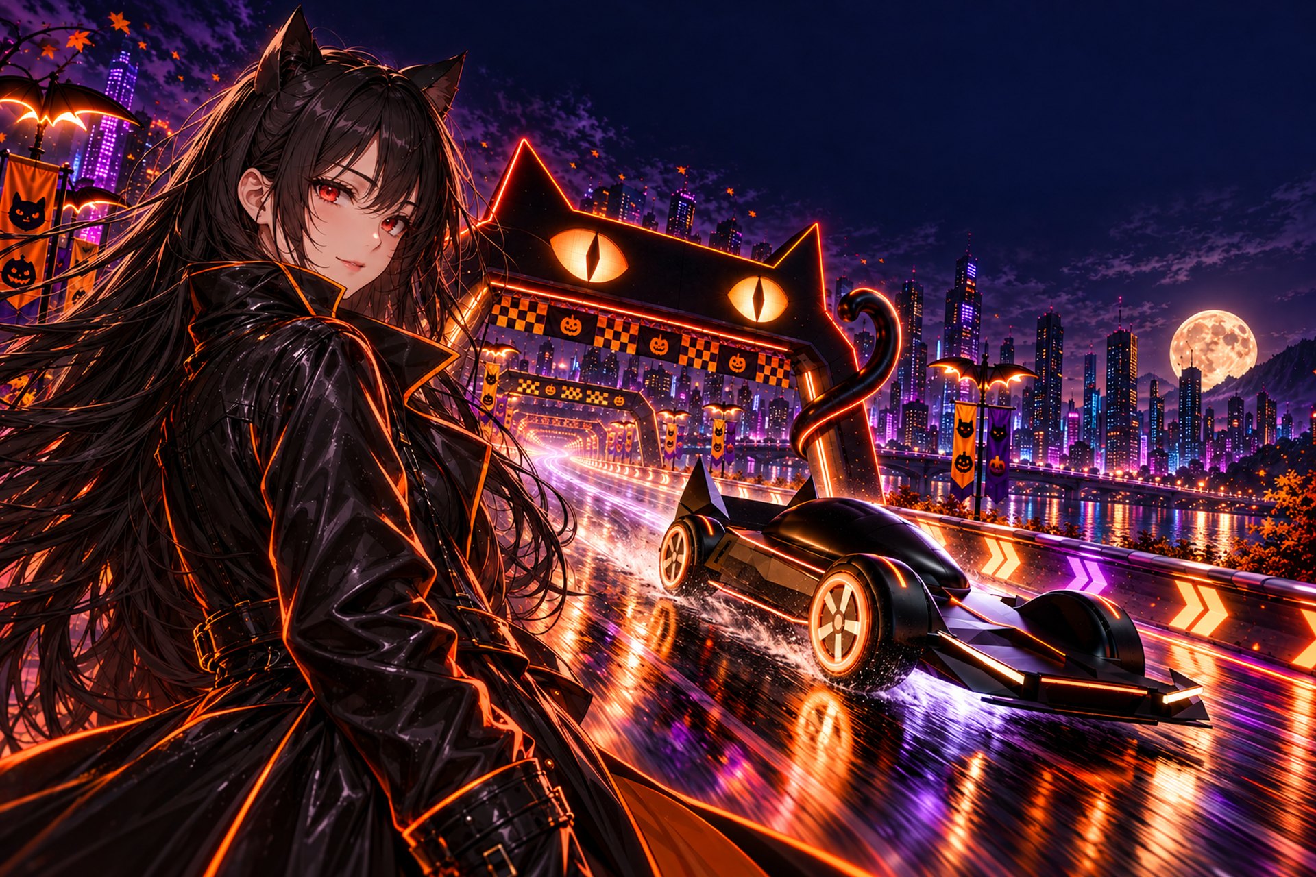ネオンのハイウェイを駆ける黒い車と、黒猫の耳を持つ女の子