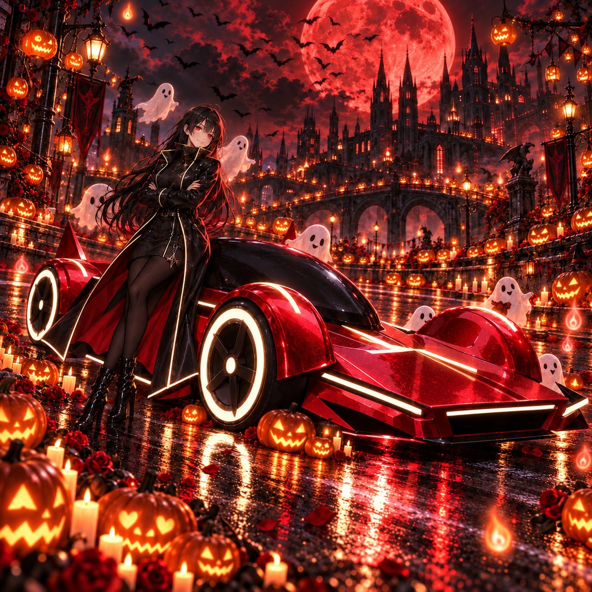 赤い特別塗装の車と女の子、VAMPIRE RED